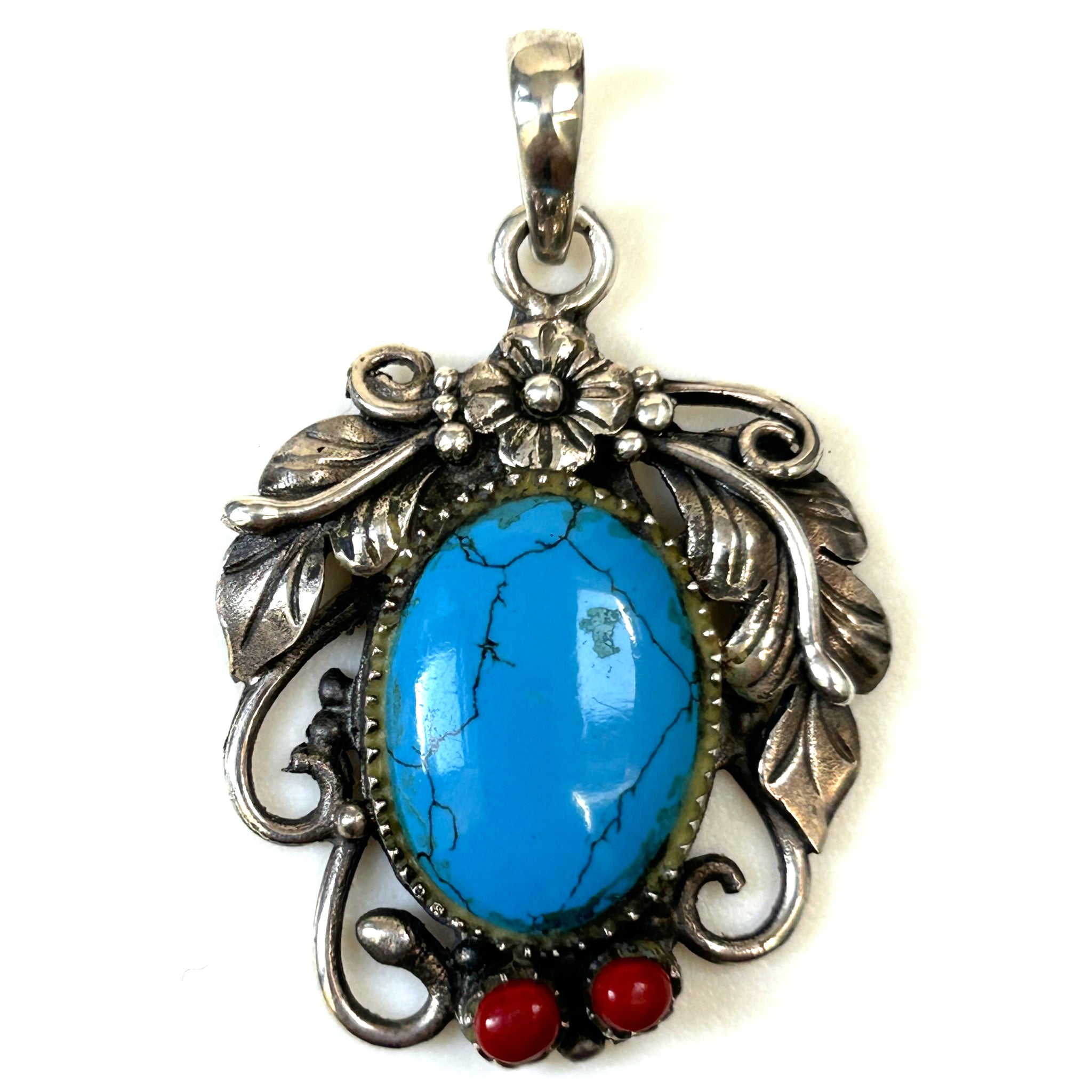 Vintage Sterling Silver, Turquoise and Coral Pendant