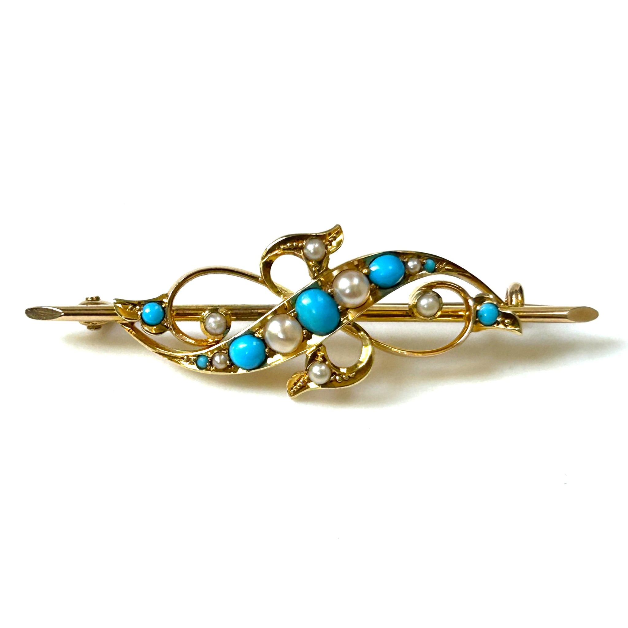 Antique 15ct Gold, Turquoise and Pearl Bar Brooch