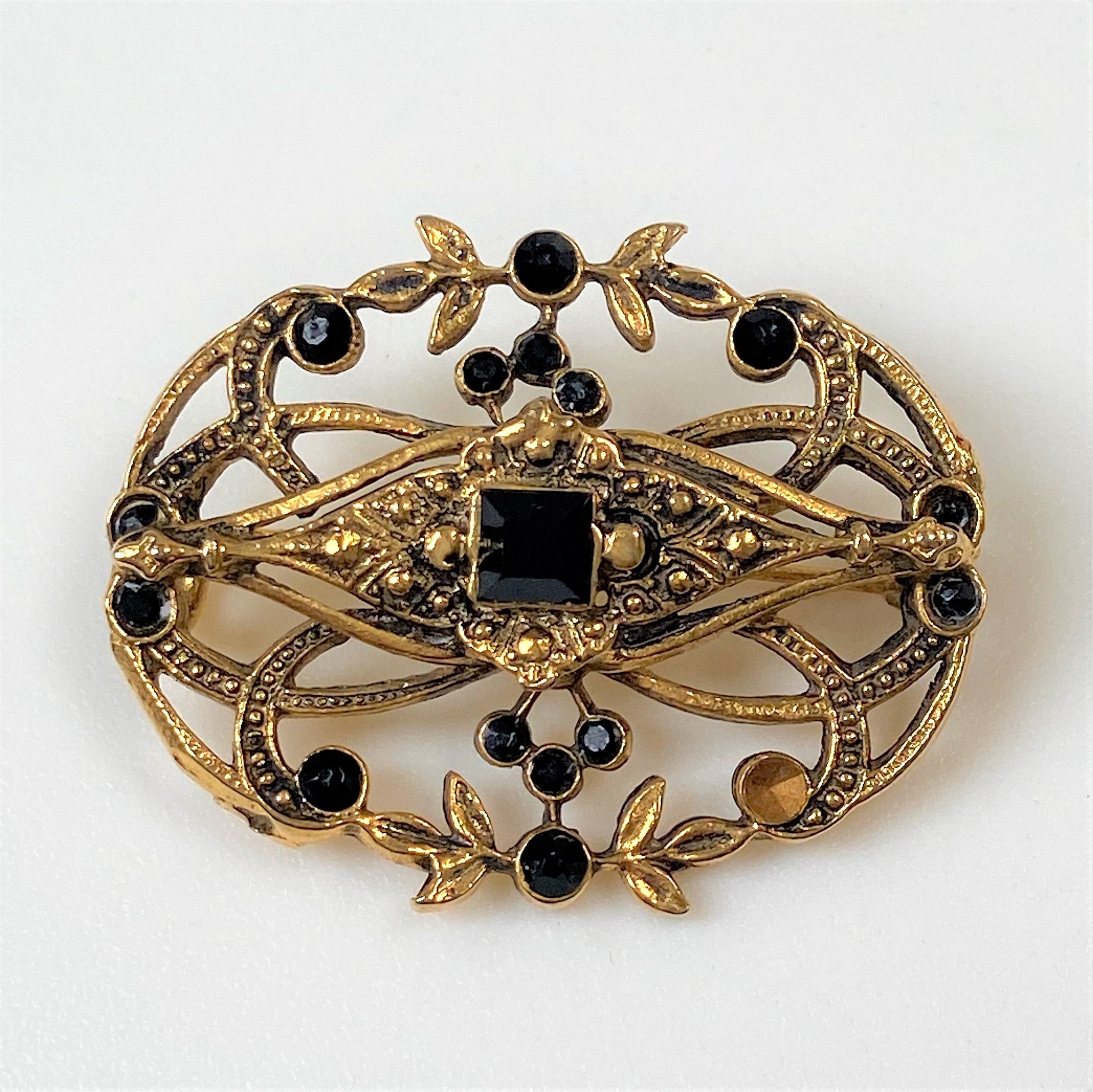 Vintage Yellow Metal and French Jet Brooch