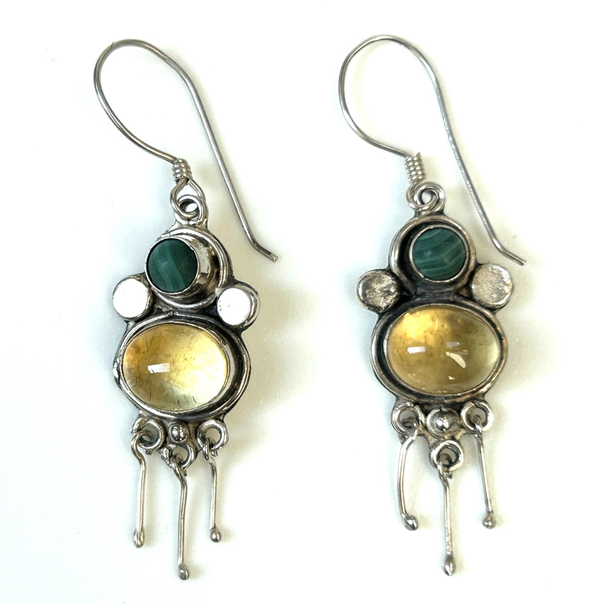 Sterling Silver, Malachite and Lemon Quartz Drop Earrings