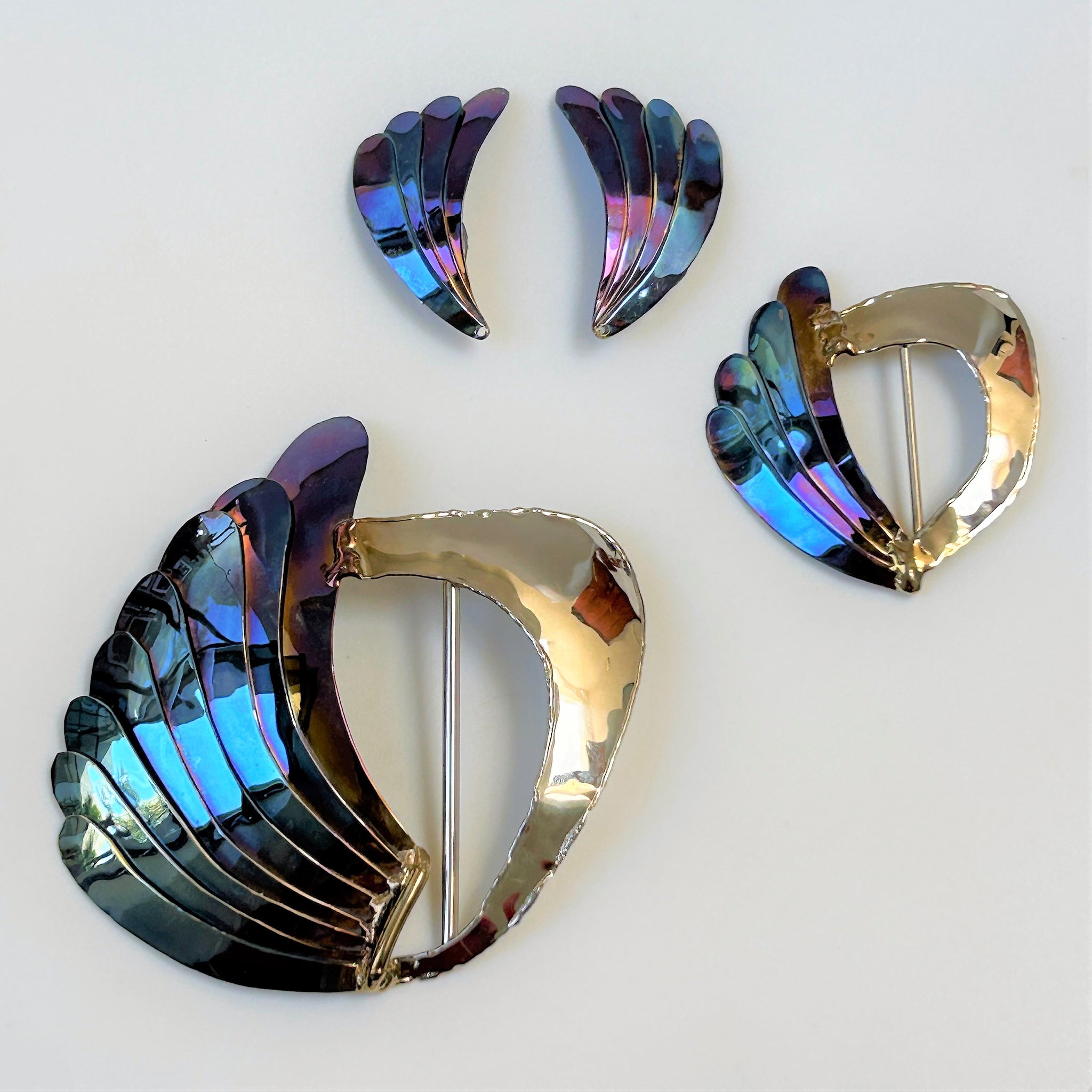 White Metal Belt Buckle, Brooch and Earring Set