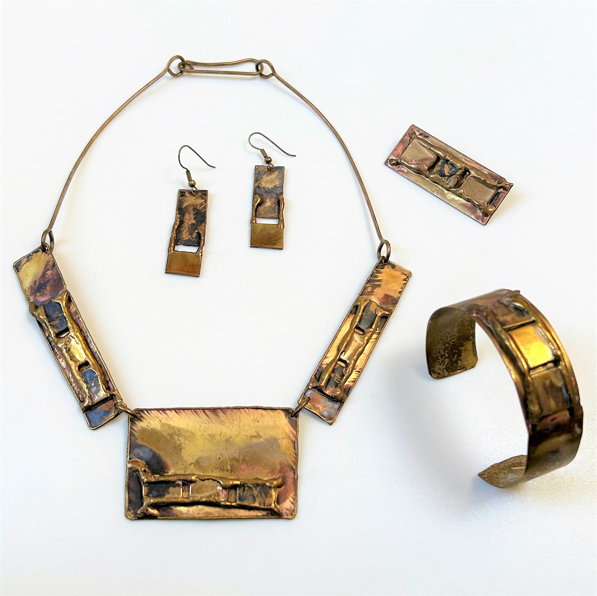 Hand-Made Yellow Metal Necklace, Bracelet, Brooch and Earring Set