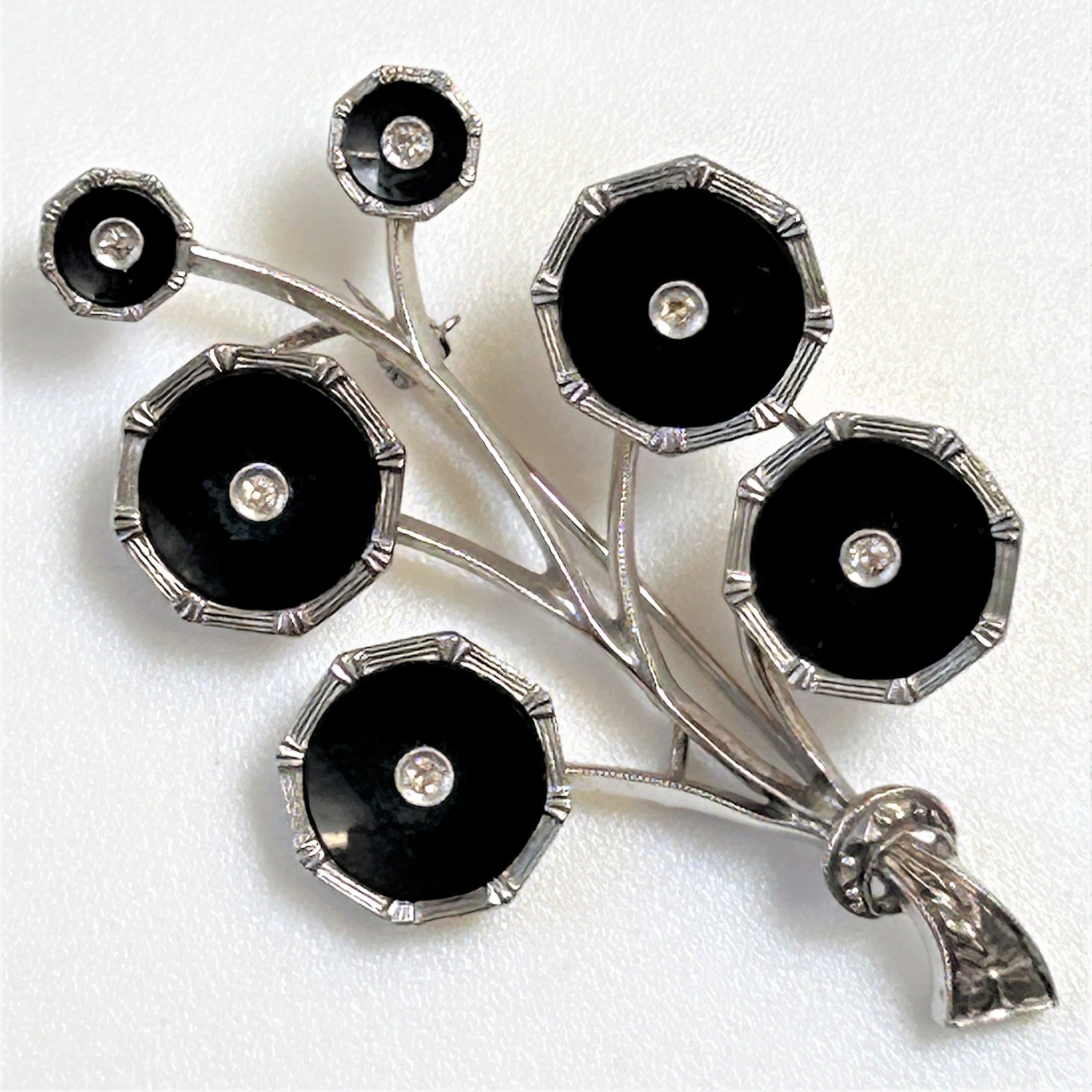 Vintage Gold, Onyx and Diamond “Flower” Brooch
