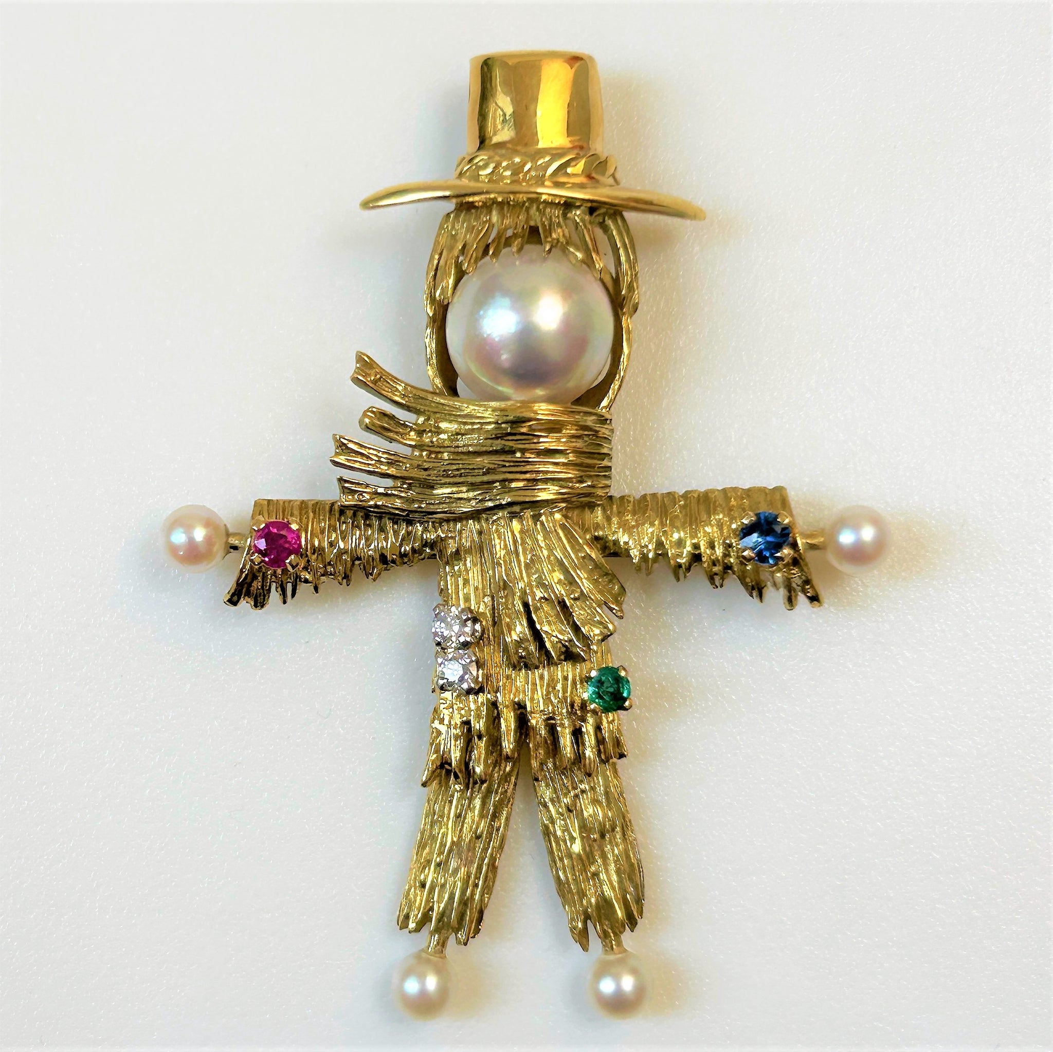 Vintage 18ct Gold, Pearl, Ruby, Sapphire and Diamond “Scarecrow” Brooch Pendant