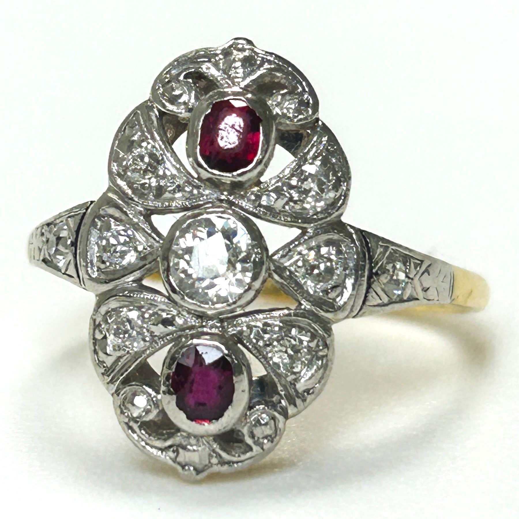 Art Deco 18ct Yellow Gold, Platinum, Diamond and Ruby Ring