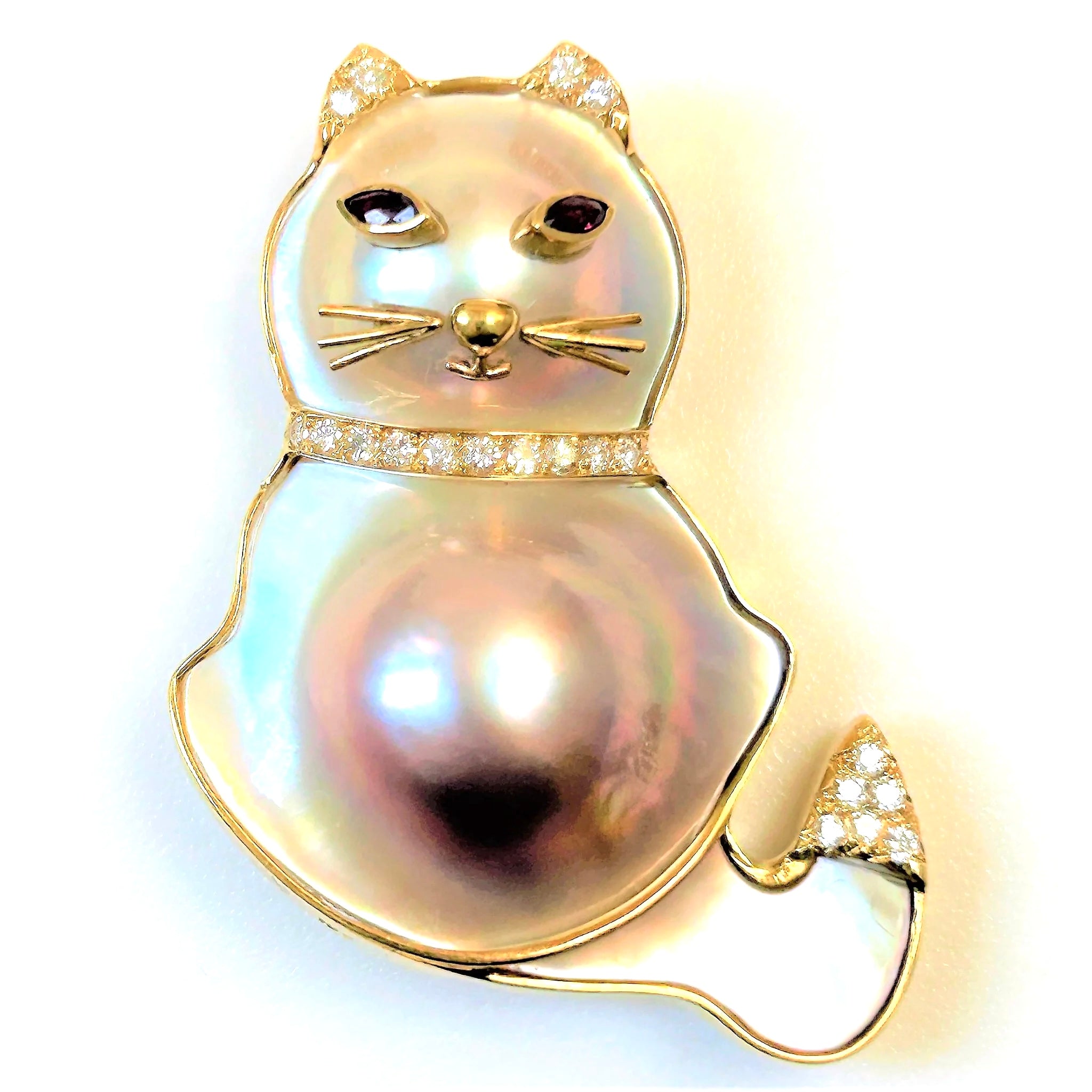 Vintage 18ct Gold, Pearl, Ruby and Diamond “Cat” Brooch