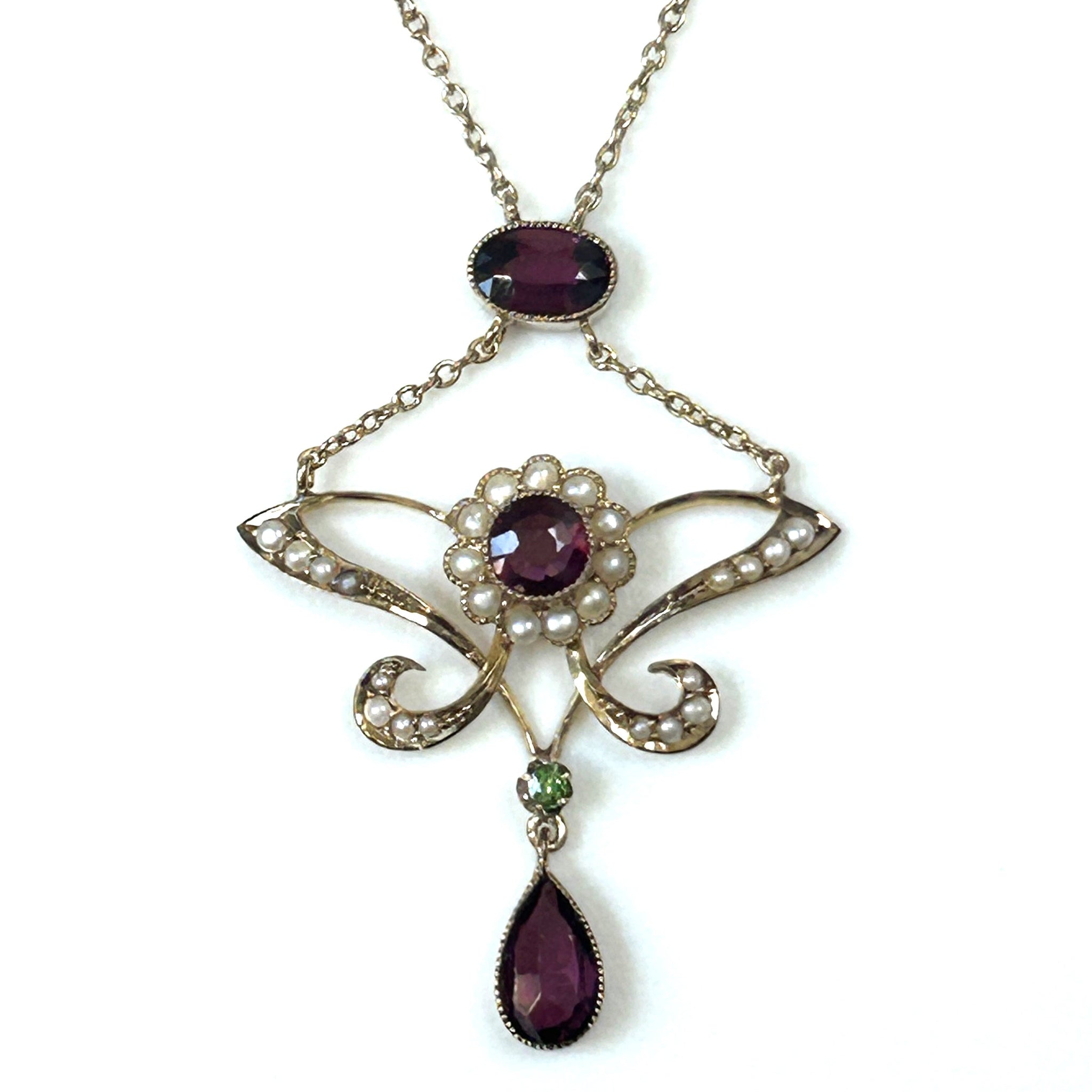 Art Nouveau 9ct Gold, Garnet, Tsavorite and Pearl Necklace