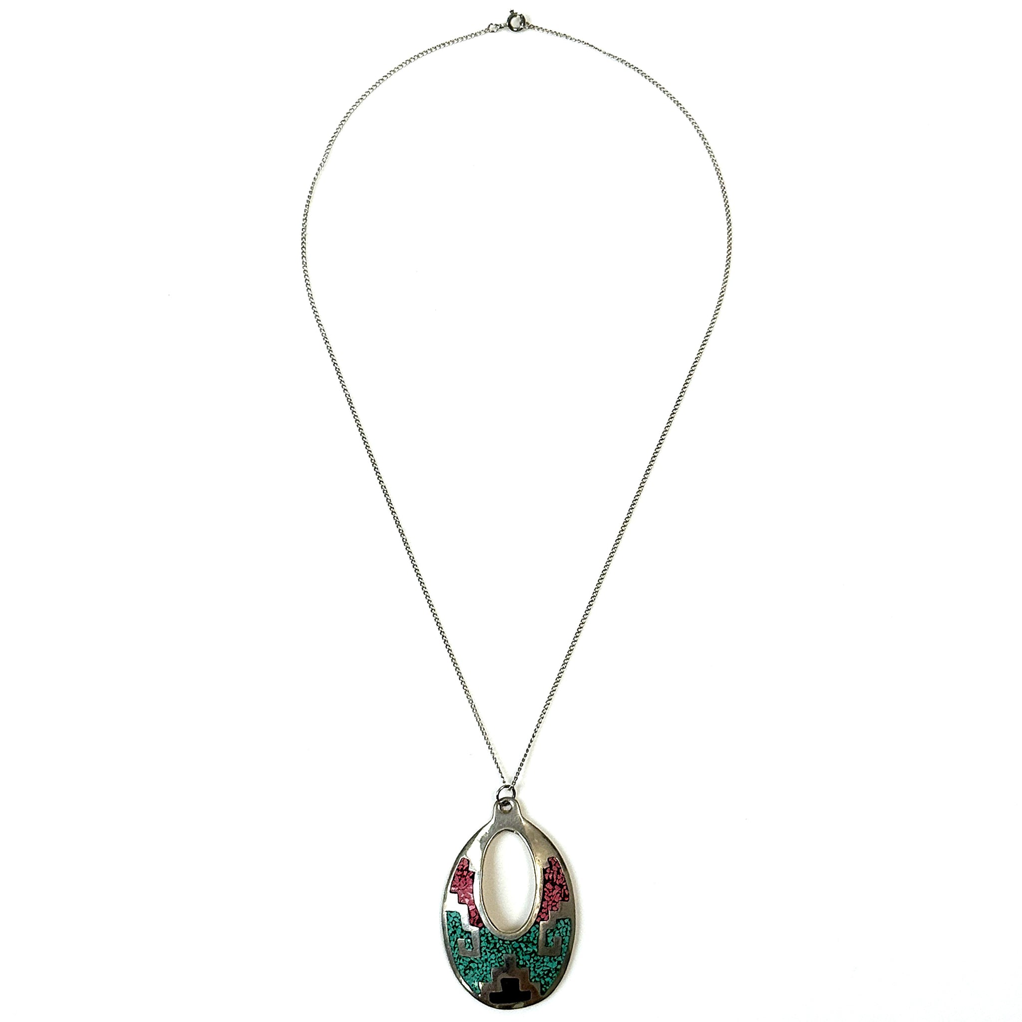 Enamel, Alpaca and Silver Mexican Pendant Necklace