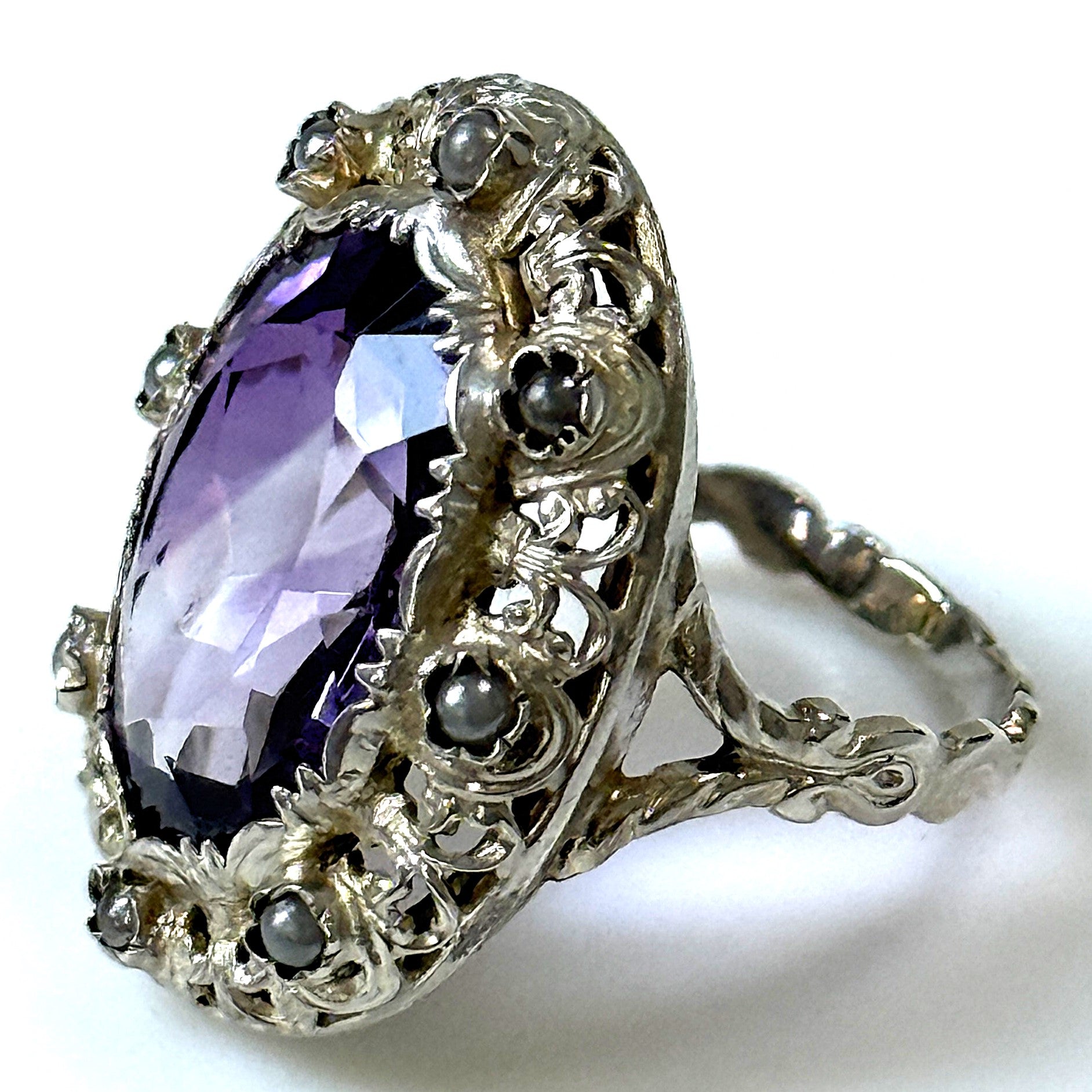 Vintage Gilded Silver, Seed Pearl and Amethyst Dress Ring