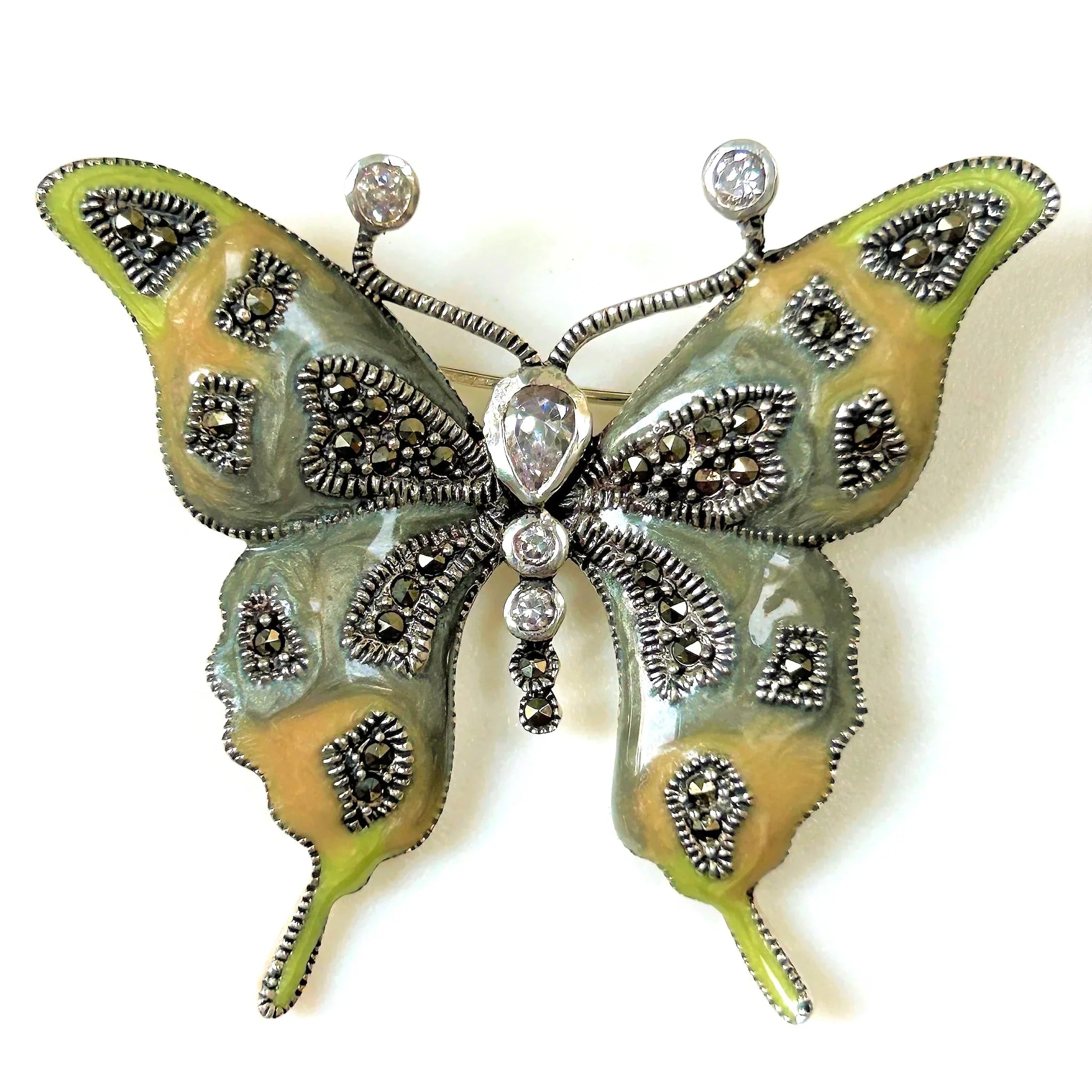 Enamelled Silver, Marcasite and Crystal “Butterfly” Brooch