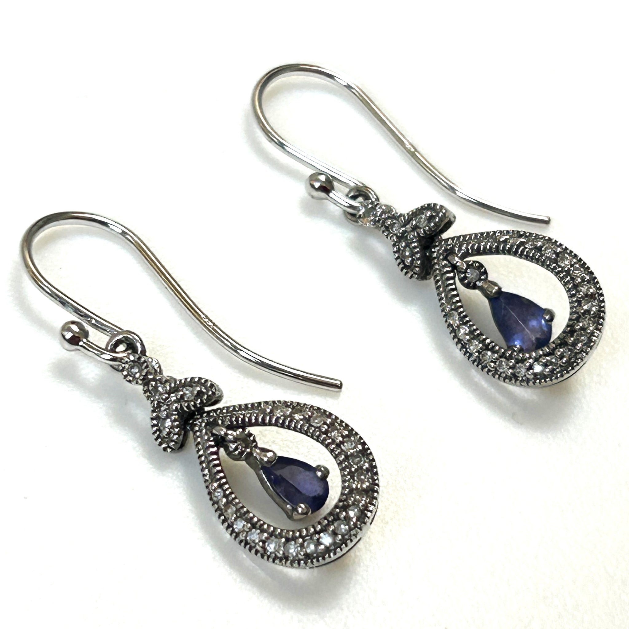 9ct White Gold, Tanzanite and Diamond Drop Earrings
