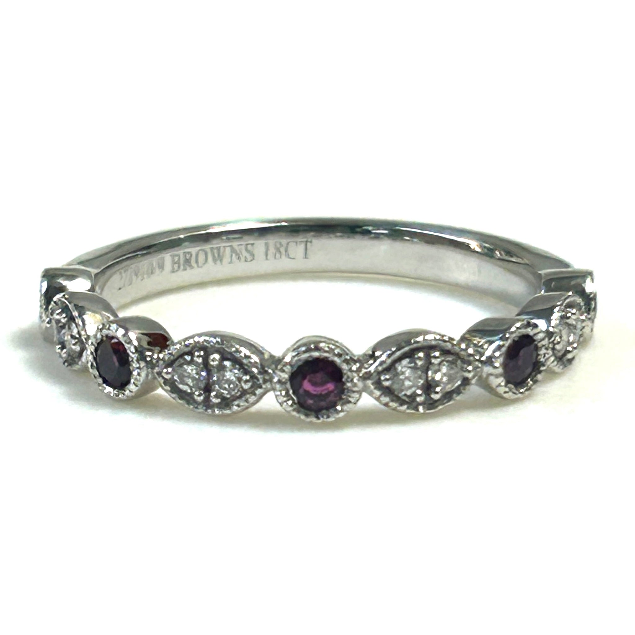 “Browns” 18ct White Gold, Diamond and Ruby Semi-eternity Ring