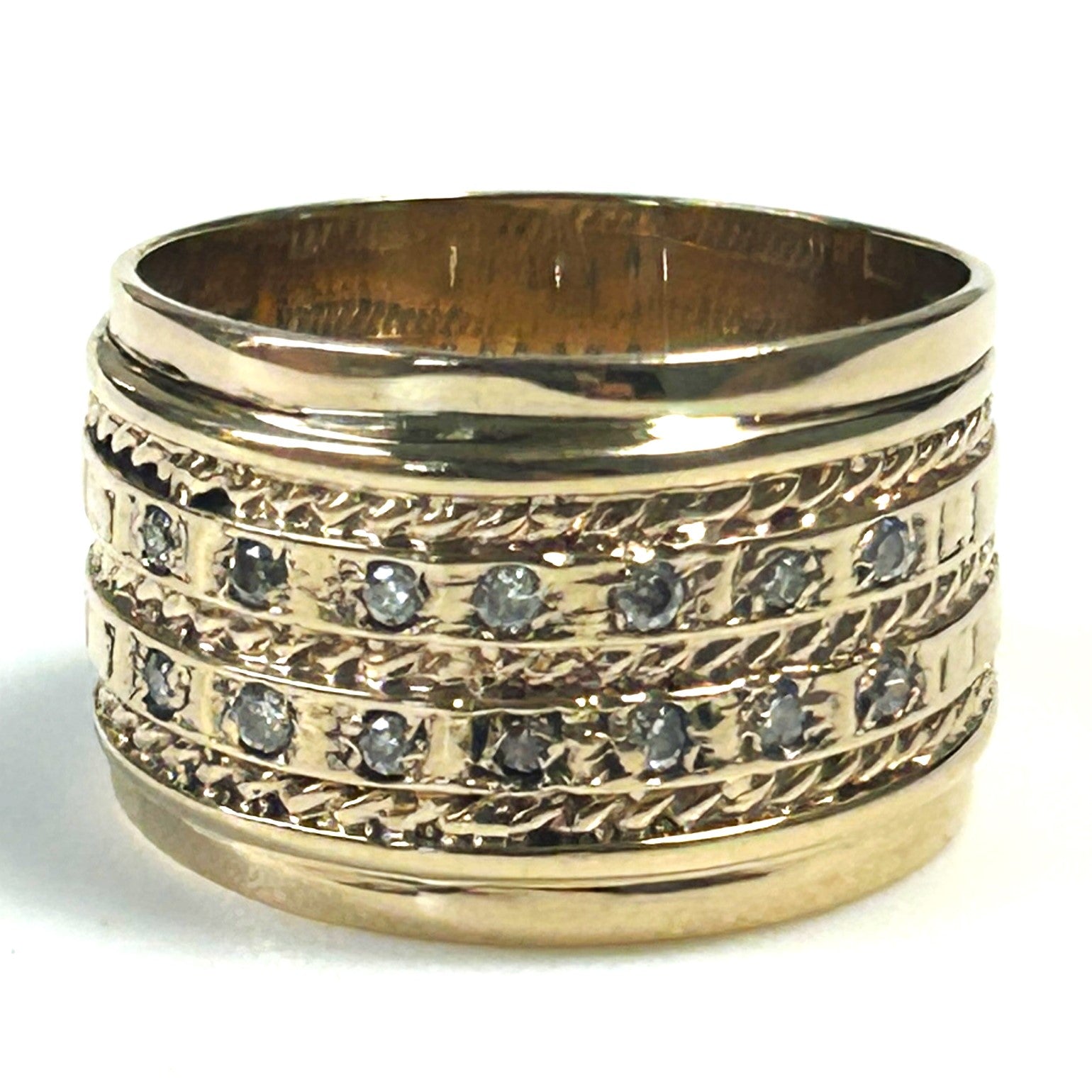 Broad Vintage 9ct Yellow Gold and Diamond Ring