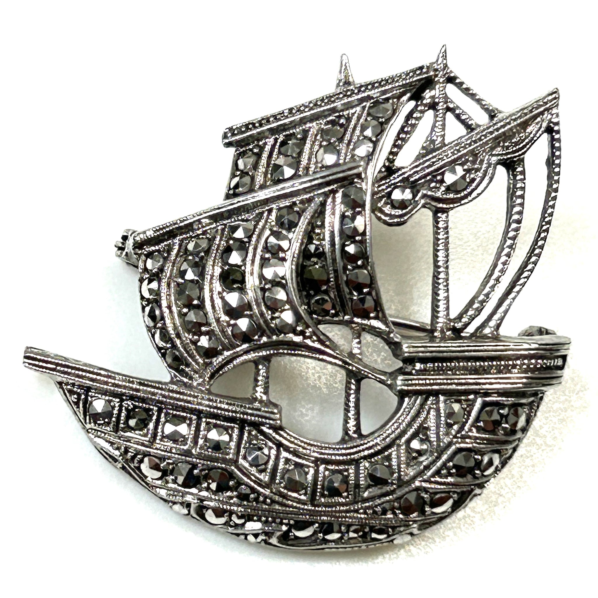 Vintage Silver and Marcasite “Galleon” Brooch