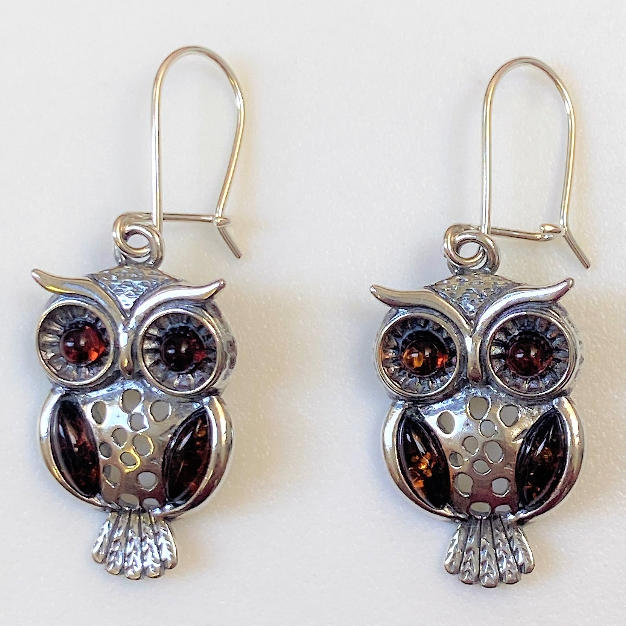 Sterling Silver and Amber “Owl” Drop Earrings