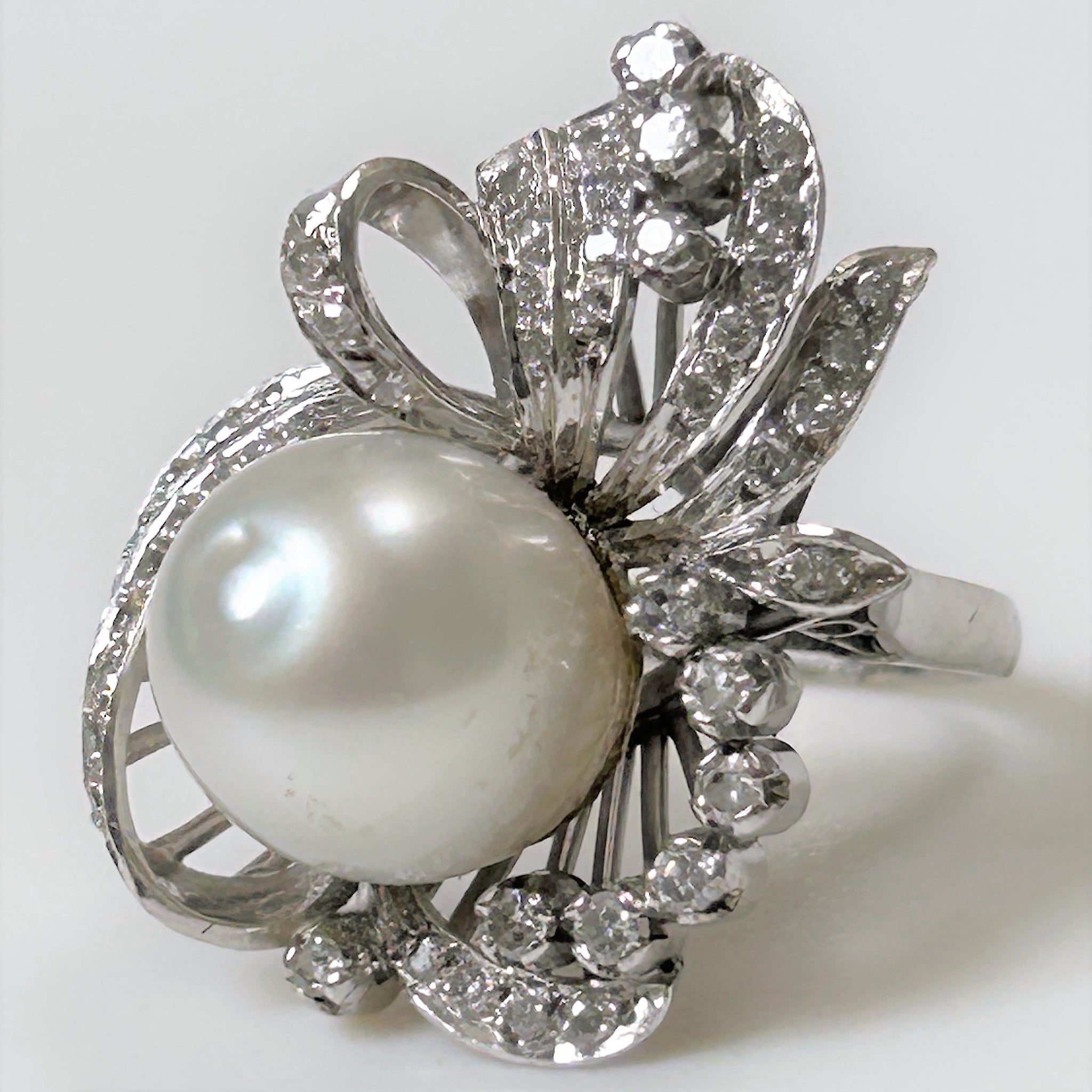 Large Handmade Silver, Diamond, and Pearl Dress Ring