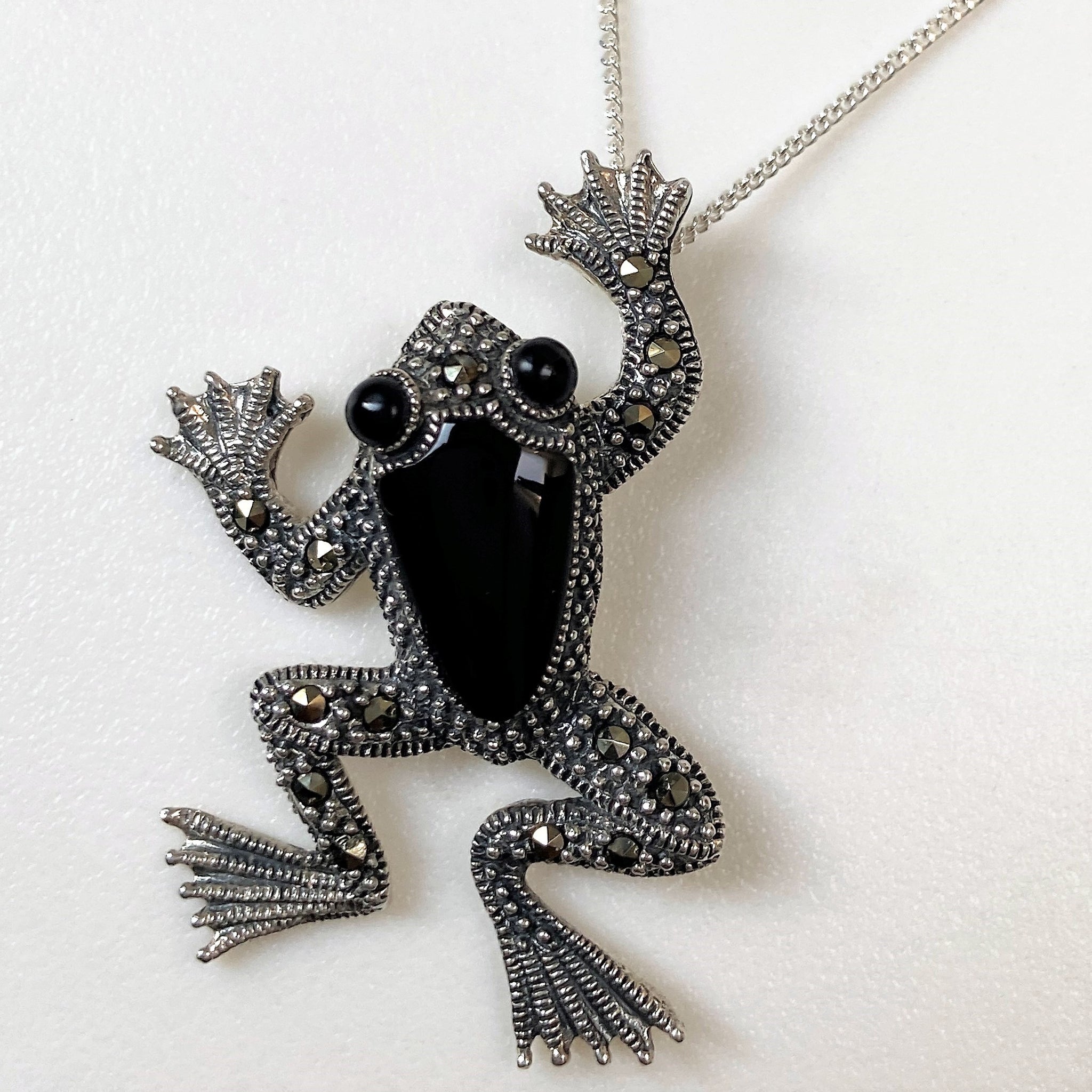 Silver, Marcasite and Black Agate “Frog” Pendant Necklace
