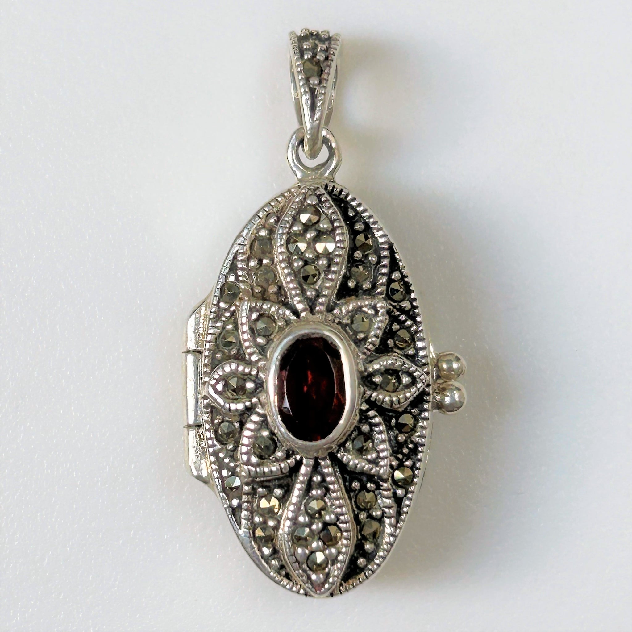 Oval Sterling Silver Garnet and Marcasite Pendant Locket