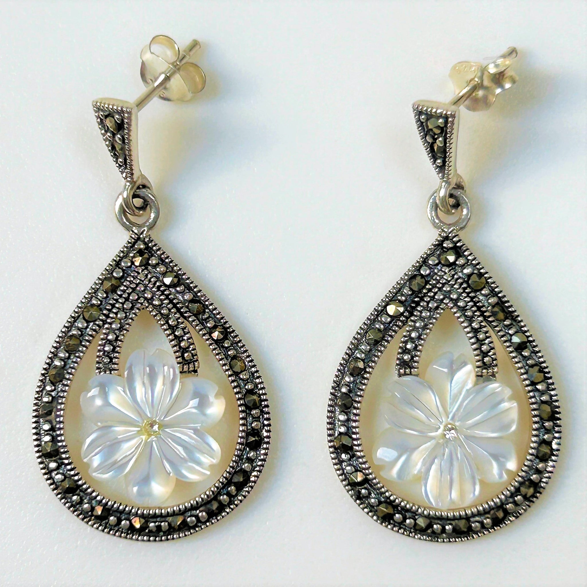 Sterling Silver, Mother of Pearl and Marcasite Drop Earrings