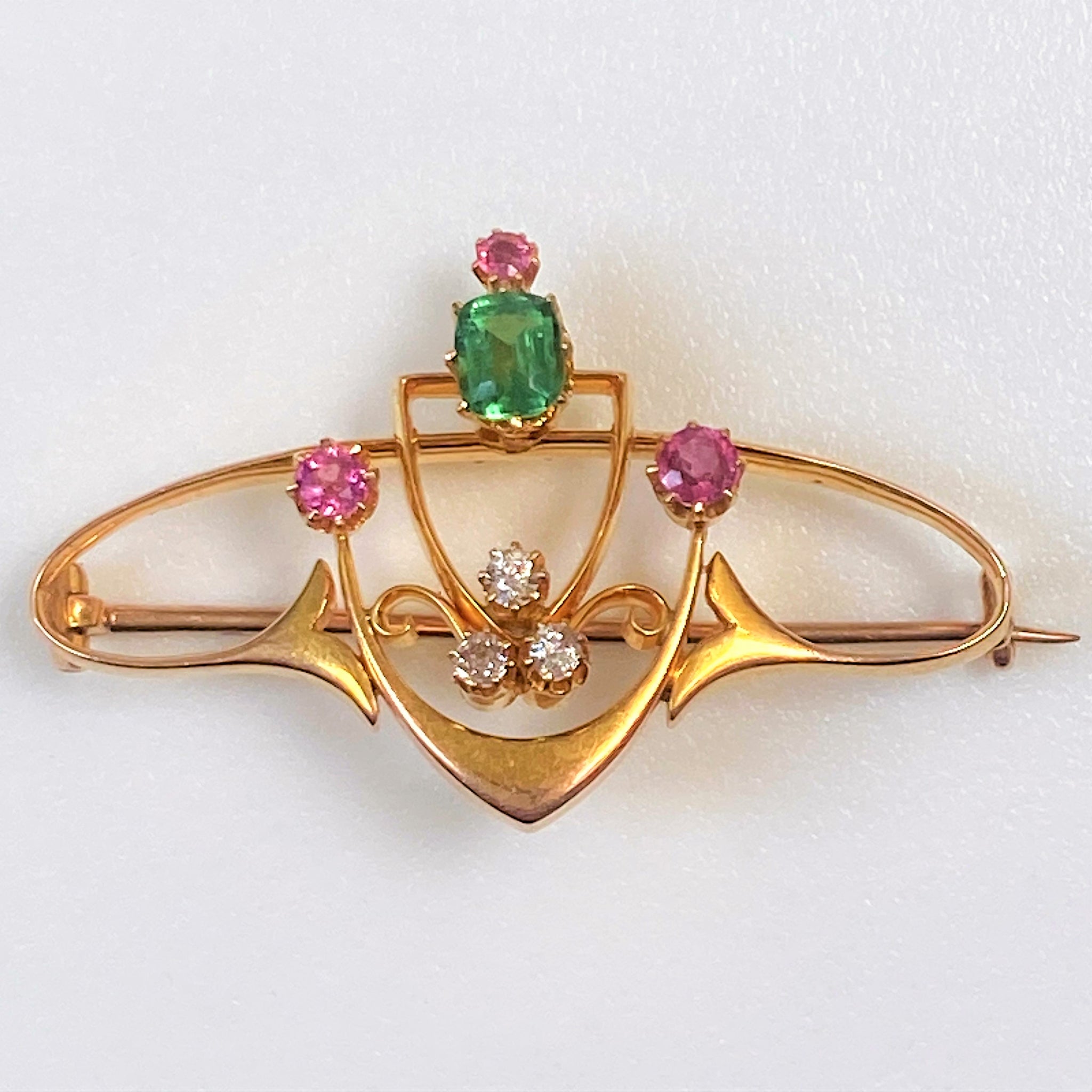 Art Nouveau 15ct Gold, Tourmaline and Diamond Brooch