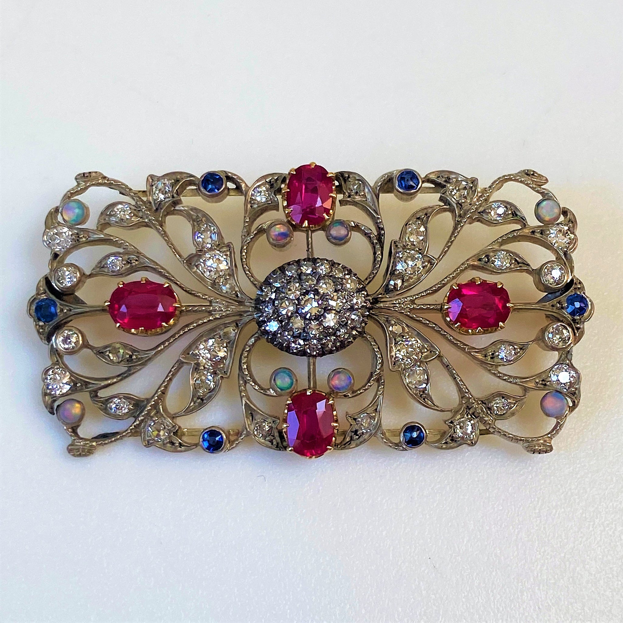 Antique Gold and Silver, Diamond, Ruby, Sapphire and Opal Brooch