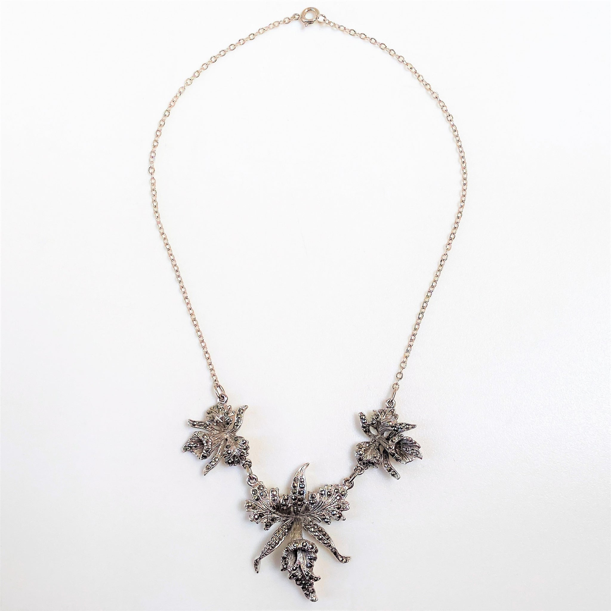White Metal and Marcasite “Orchid” Necklace