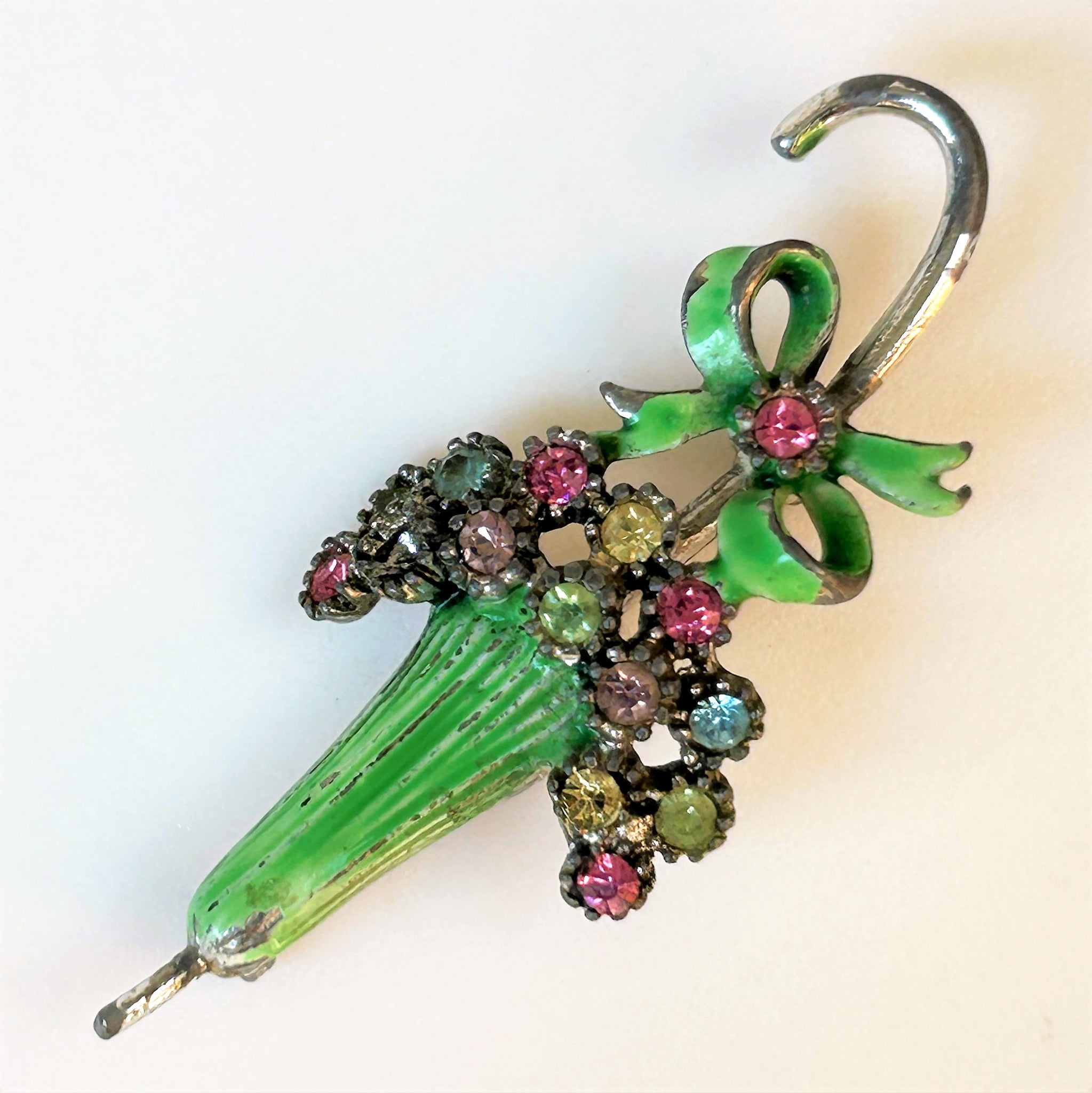 Vintage White Metal “Umbrella” Brooch