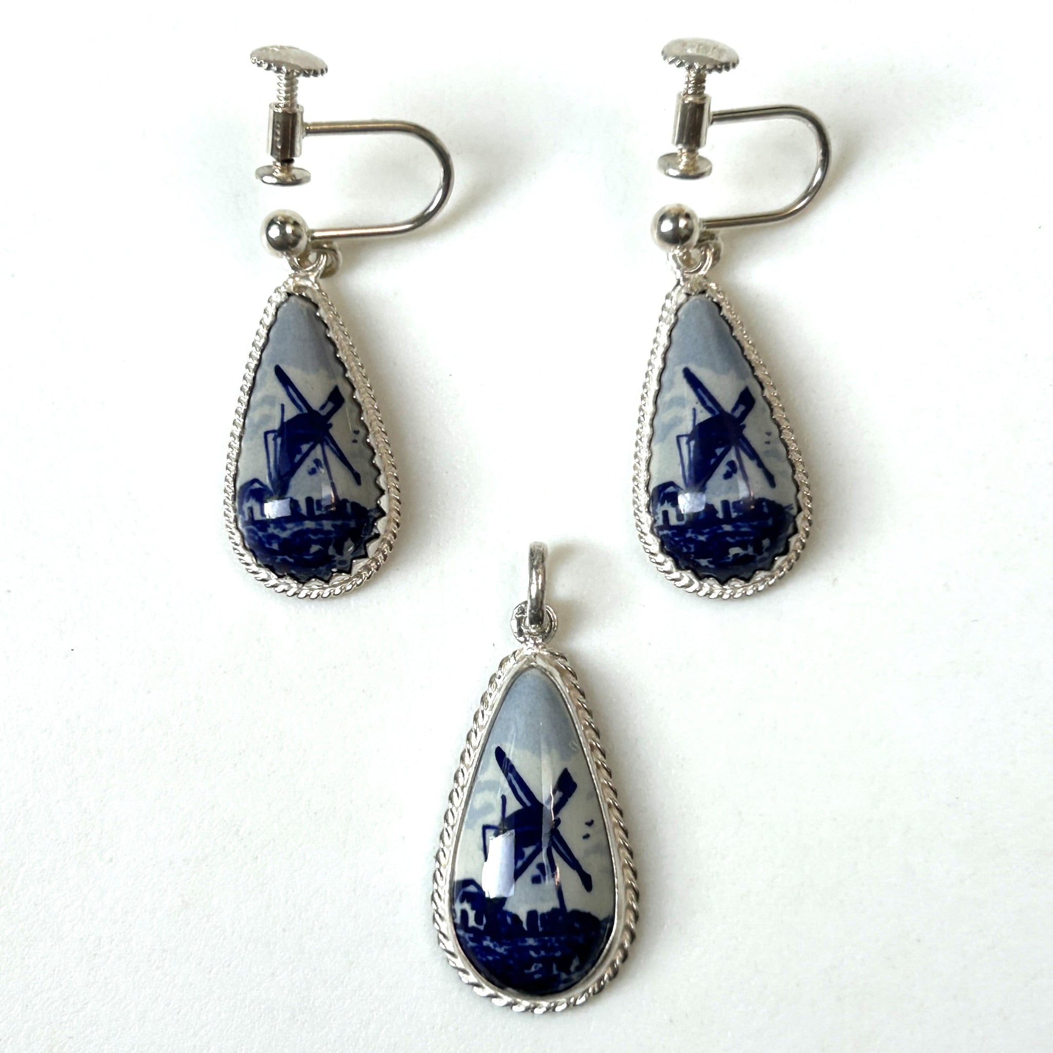 Silver and Delft Porcelain Pendant and Screw-on Earrings Set