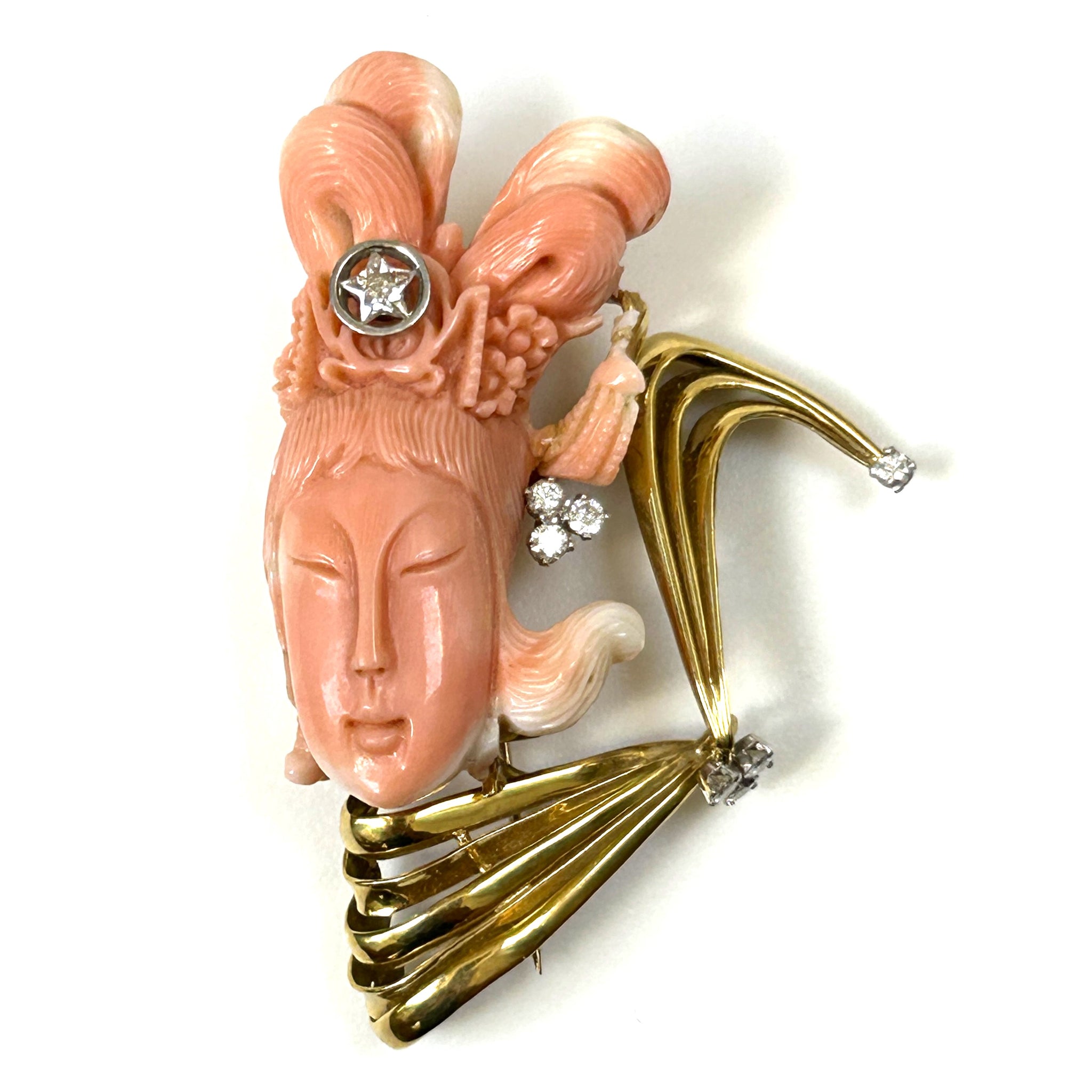 Vintage 18ct Gold, Coral and Diamond “Guan-Yin” Brooch Pendant
