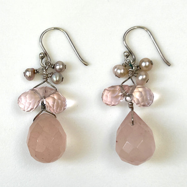 Sterling Silver, Rose Quartz and Pearl Drop Earrings