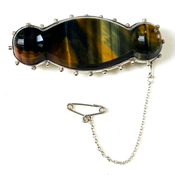 Vintage Silver and Tiger’s Eye Bar Brooch