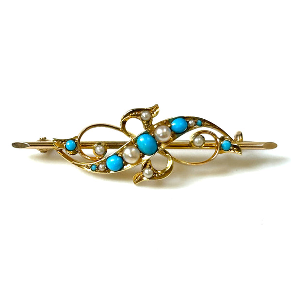 Antique 15ct Gold, Turquoise and Pearl Bar Brooch