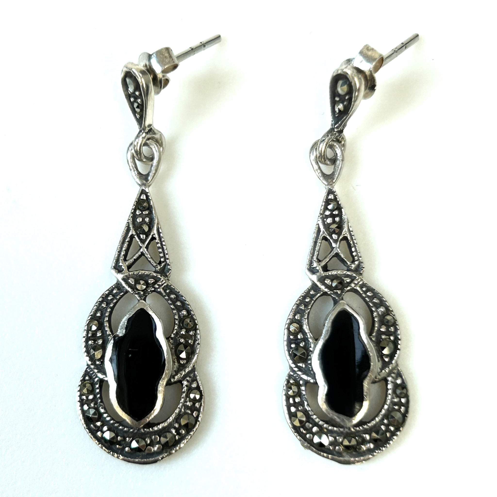 Sterling Silver, Onyx and Marcasite Earrings