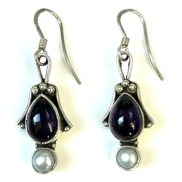 Sterling Silver, Amethyst and Pearl Earrings