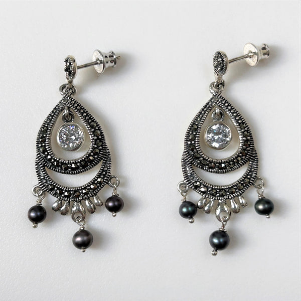 Sterling Silver, Pearl, Cubic and Marcasite Chandelier Drop Earrings