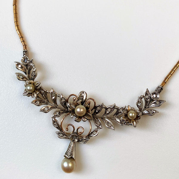 Antique Yellow and White Gold, Diamond and Pearl Necklace