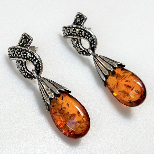 Sterling Silver, Amber and Marcasite Drop Earrings