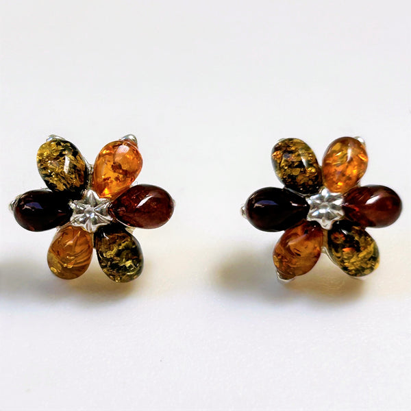 Sterling Silver and Amber “Flower” Stud Earrings