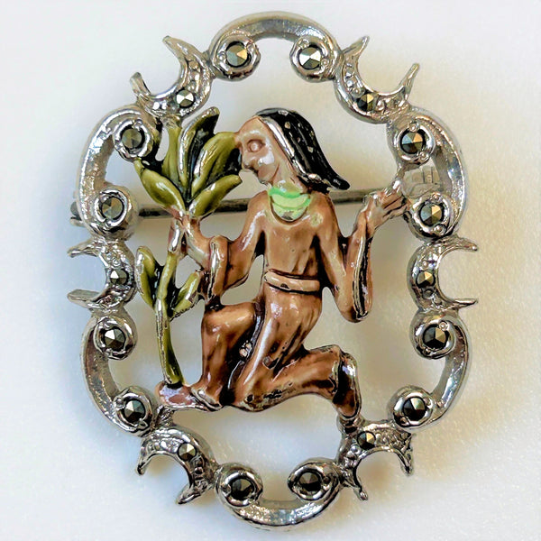 White Metal, Enamel and Marcasite “Virgo” Brooch