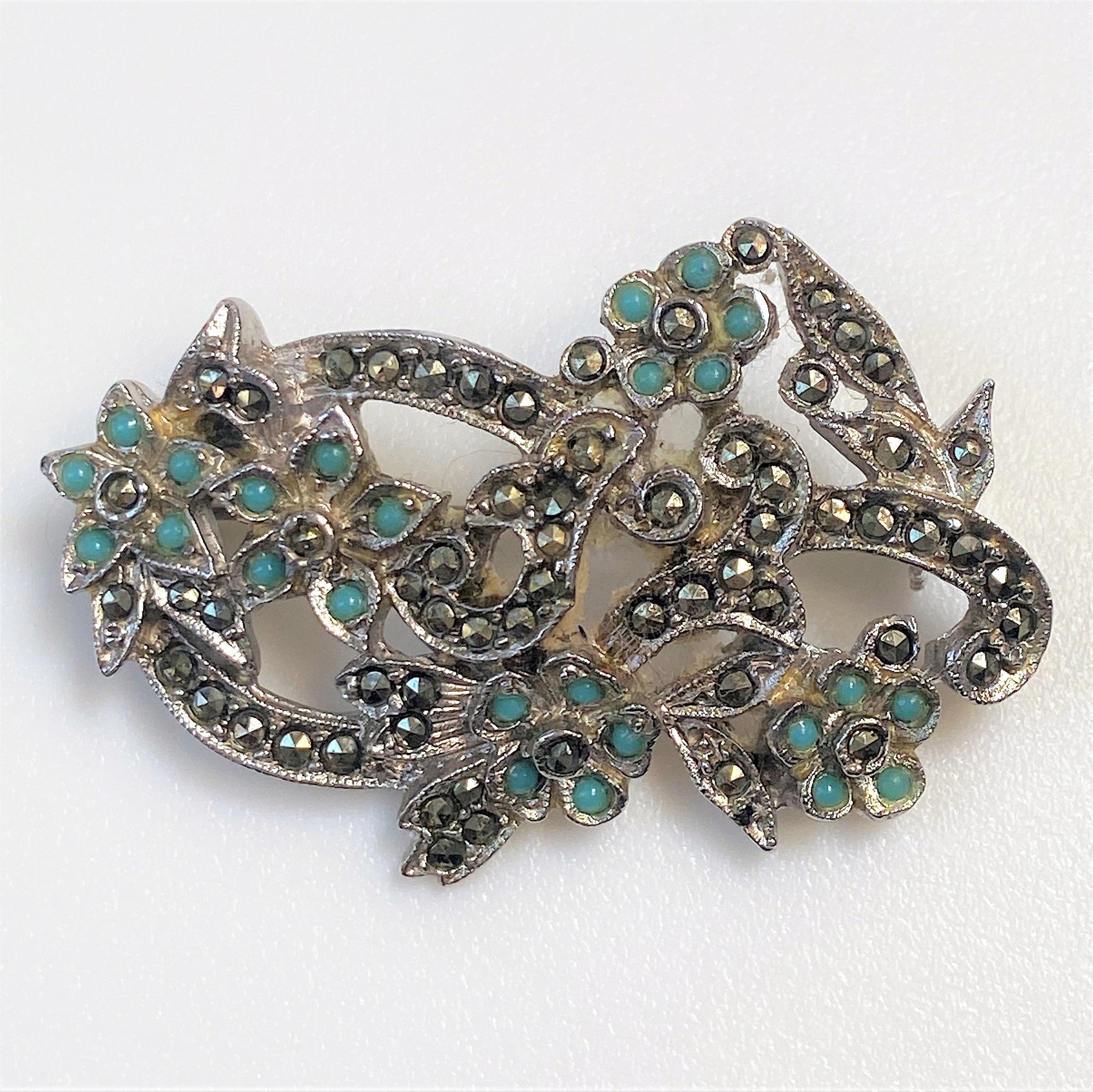 Vintage White Metal, Marcasite and Paste Brooch by Hollywood