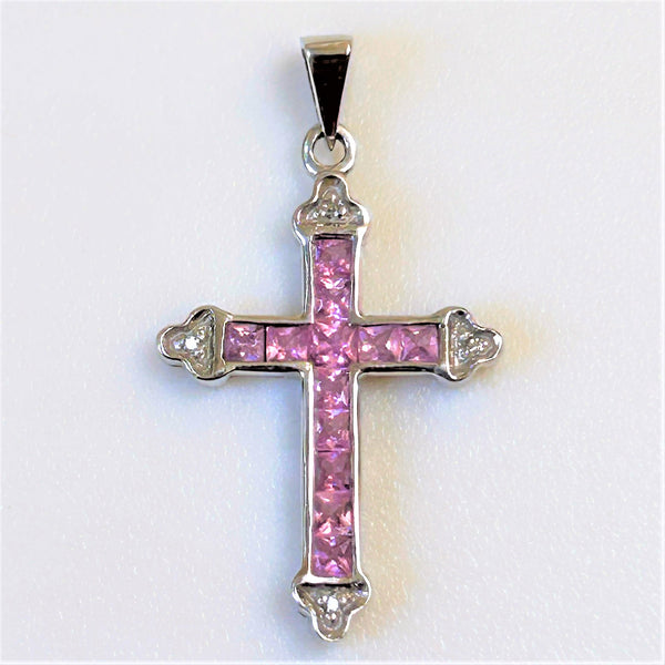 9ct White Gold, Diamond and Pink Sapphire “Cross” Pendant