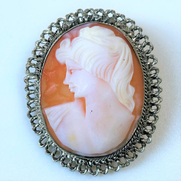 Vintage White Metal and Shell Cameo Pendant Brooch