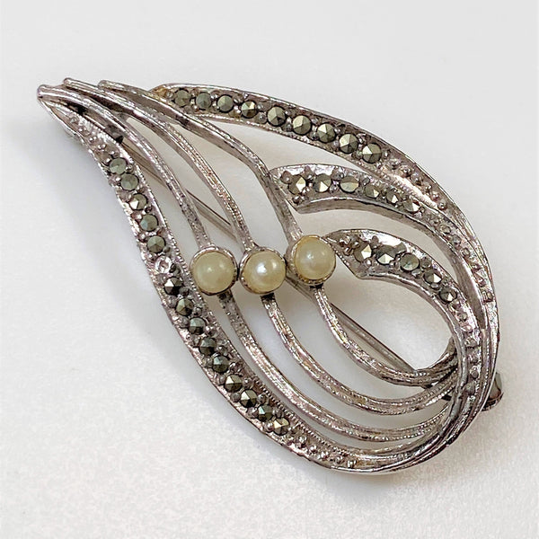 Vintage White Metal, Marcasite and Pearl Brooch