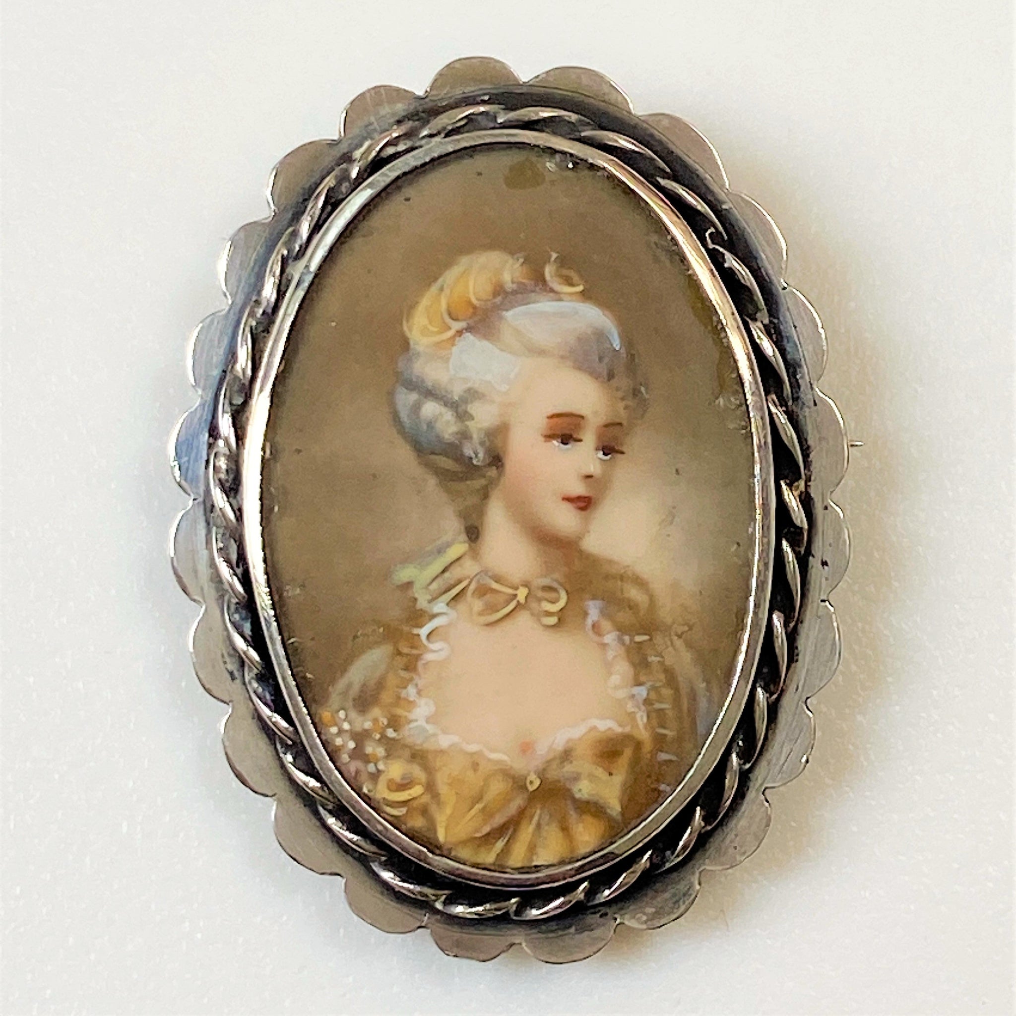 Vintage Silver Oval Brooch with Miniature of a Lady