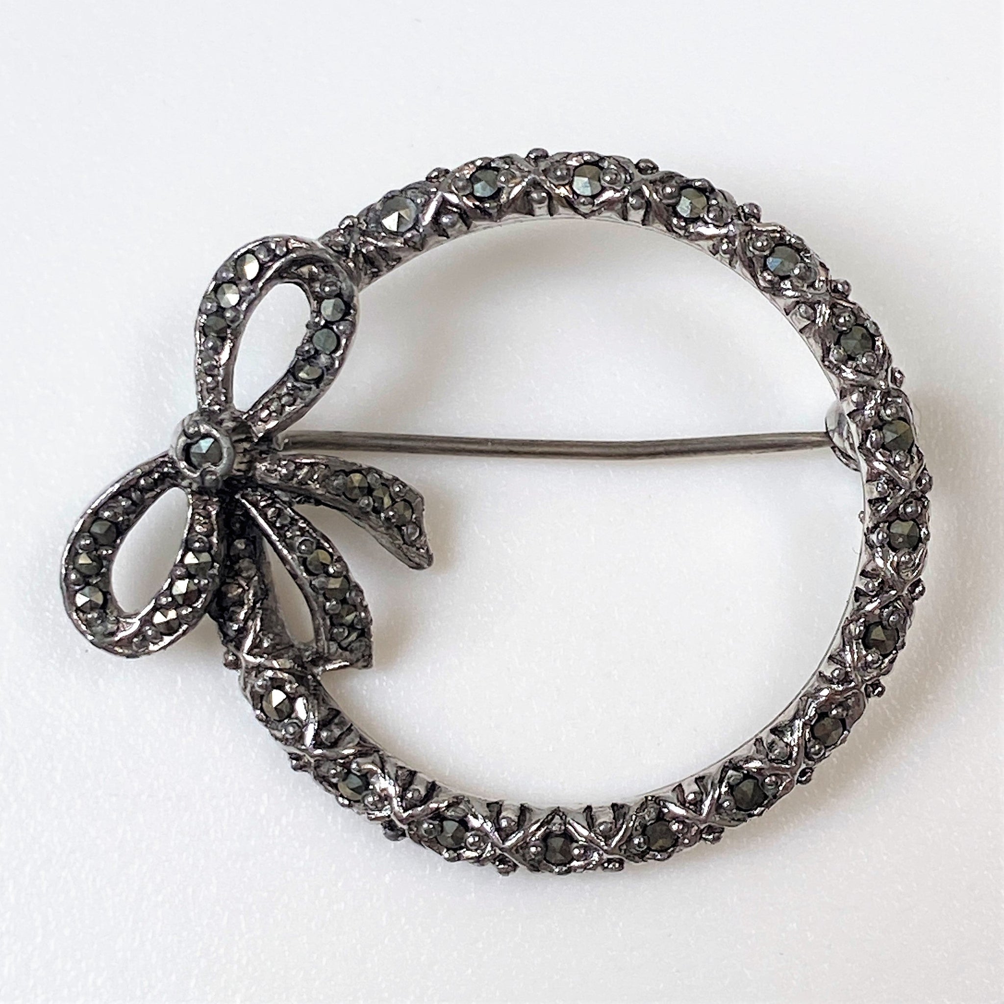 Vintage White Metal and Marcasite Wreath Brooch