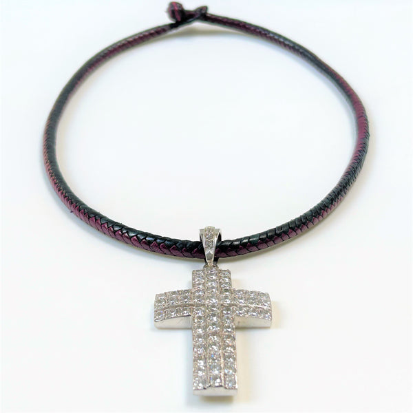 Large Silver, Cubic Zirconia and Leather “Cross” Necklace