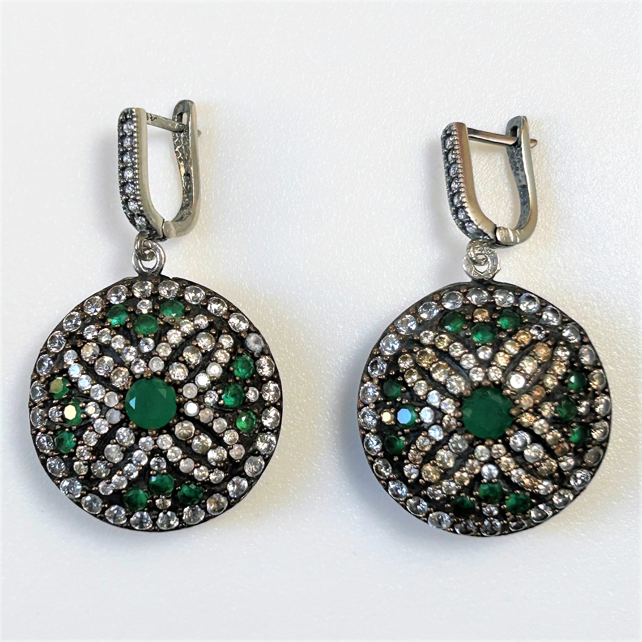 Large Silver Emerald and Cubic Zirconia Drop Earrings