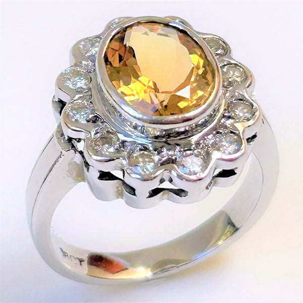 18ct White Gold, Citrine and Diamond Ring