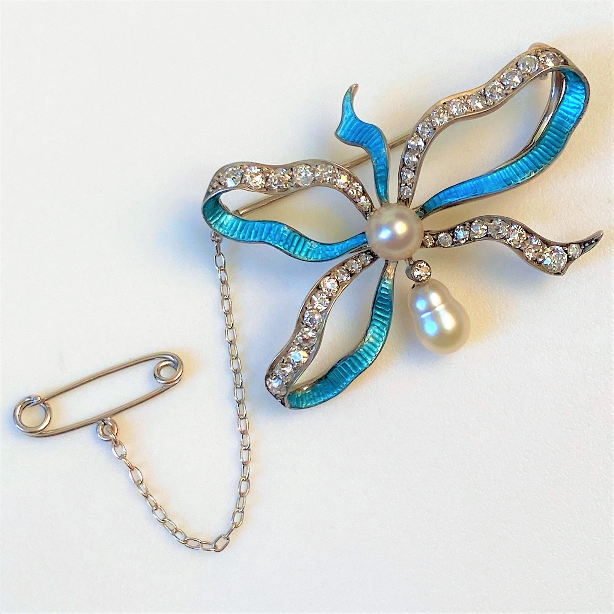 15ct Gold, Diamond, Pearl and Guilloche Enamel "Bow" Brooch