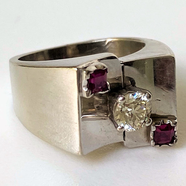Modernist 14ct White Gold Diamond and Ruby Ring